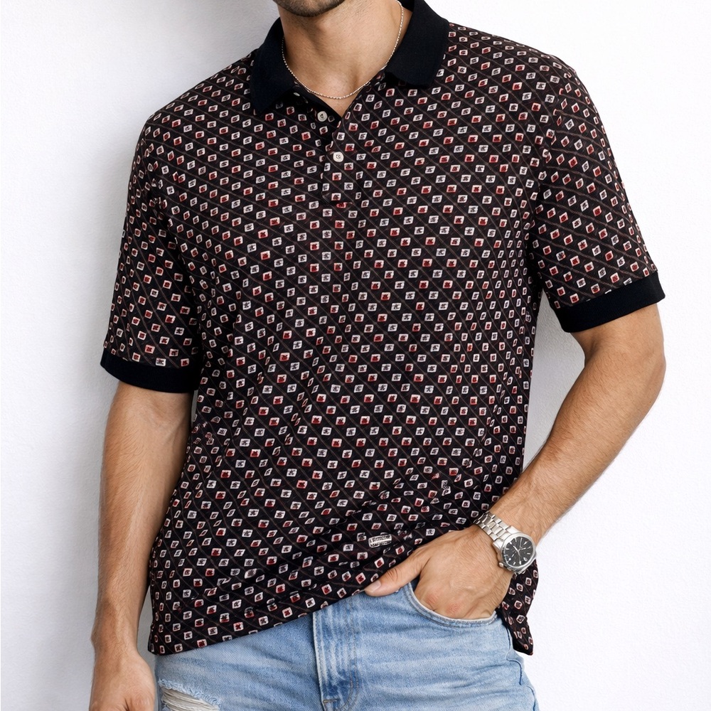 Men's vintage m.e. Sport Black Patterned Polo Shirt Size Large!